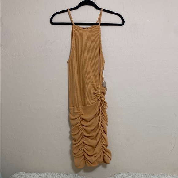 Free People FP Katya Thermal mini dress Ruched MustardYellow medium NWT - Picture 4 of 15